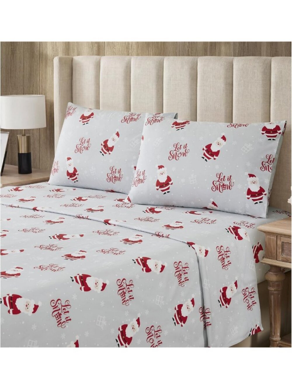 Cozy Flannel Christmas Sheet Set - Let It Snow, Queen Size, Deep Pocket Holiday